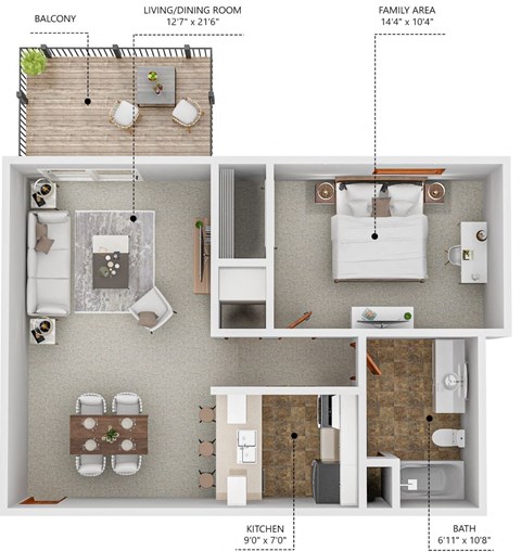 Floor plan for 1 bed, 1 bath, 672 sqft